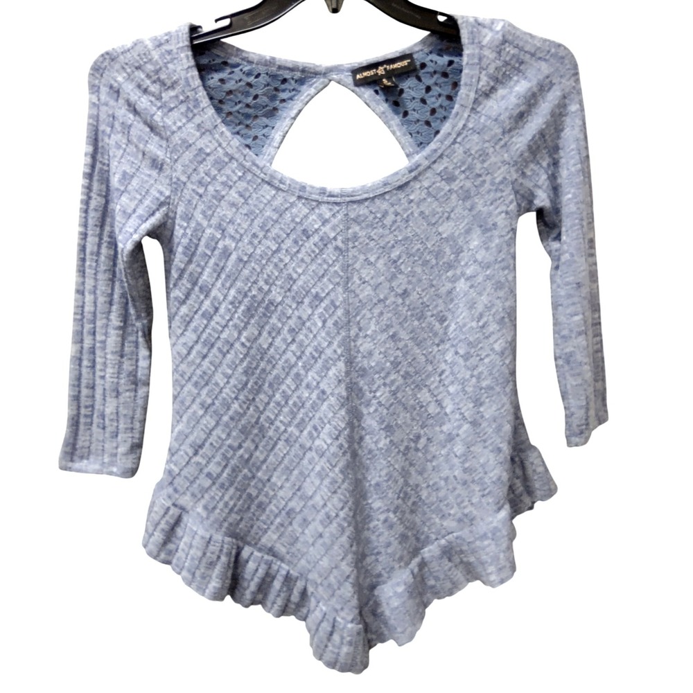 Almost Famous Women's Blue Ribbed Knit Top Cutout Back Ruffle Hem Small S